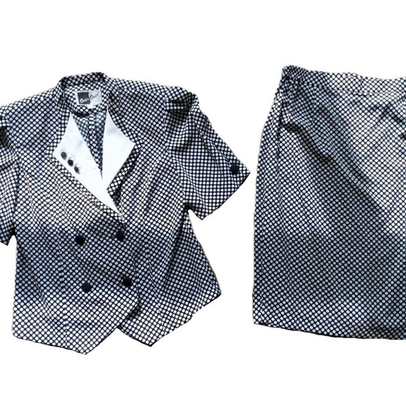Vintage Top & Skirt Set Polka Dot Size 9 Blue White Two Piece Dress Suit - Picture 2 of 10